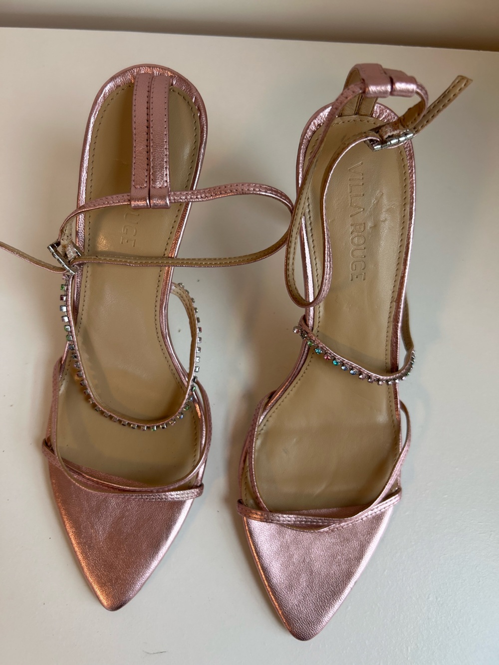 Villa Rouge Metallic Pink Crystal Embellished Strappy Pointed-Toe Heels Size 8